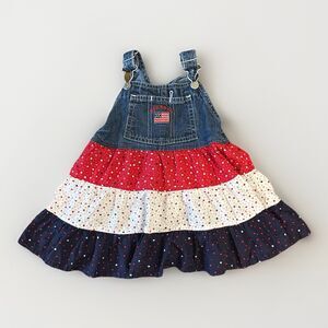 Vintage OshKosh B'Gosh Skirtall Vestbak Overall Dress Size 12m Red White Blue